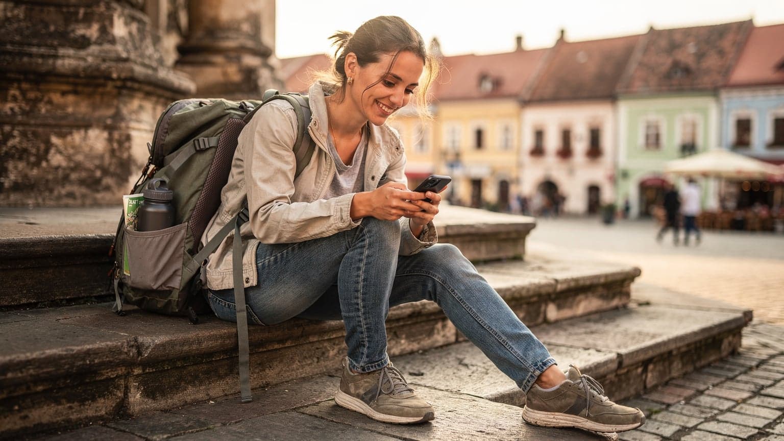 O tânără cu rucsac, zâmbind, consultă harta digitală pe un Samsung Galaxy S26 în timp ce stă pe treptele unei clădiri istorice din Piața Sfatului, Brașov, sub o lumină blândă de dimineață.