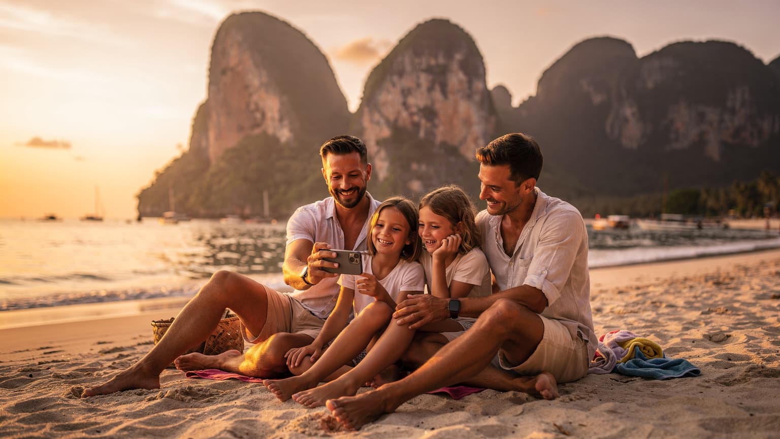 Une famille avec deux enfants, un garçon et une fille, souriante et connectée, regardant un téléphone portable sur la plage de Railay en Thaïlande au coucher du soleil.