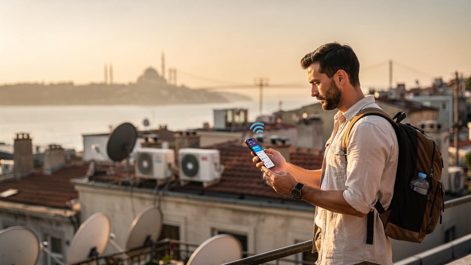 İstanbul'da tarihi yarımadanın üzerinde, gün batımı ışığında bir çatıda elinde akıllı telefonuyla eSIM kurulumu yapan bir dijital göçebe kadın.