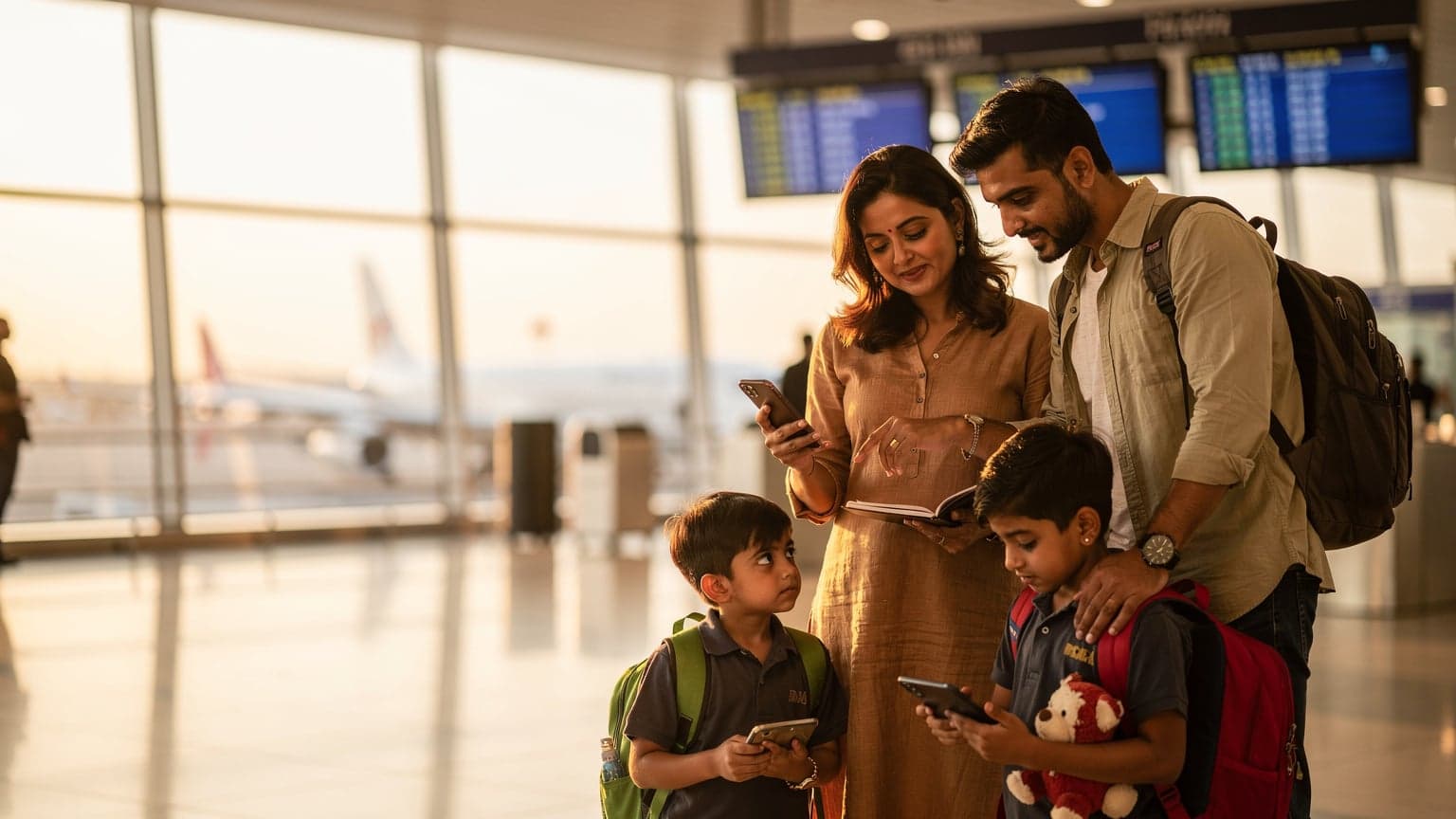 एक भारतीय परिवार यूरोप के किसी हवाई अड्डे पर लगेज बेल्ट के पास खड़ा है, माता-पिता अपने फोन पर eSIM एक्टिवेशन चेक कर रहे हैं जबकि बच्चे उत्सुकता से आसपास देख रहे हैं।