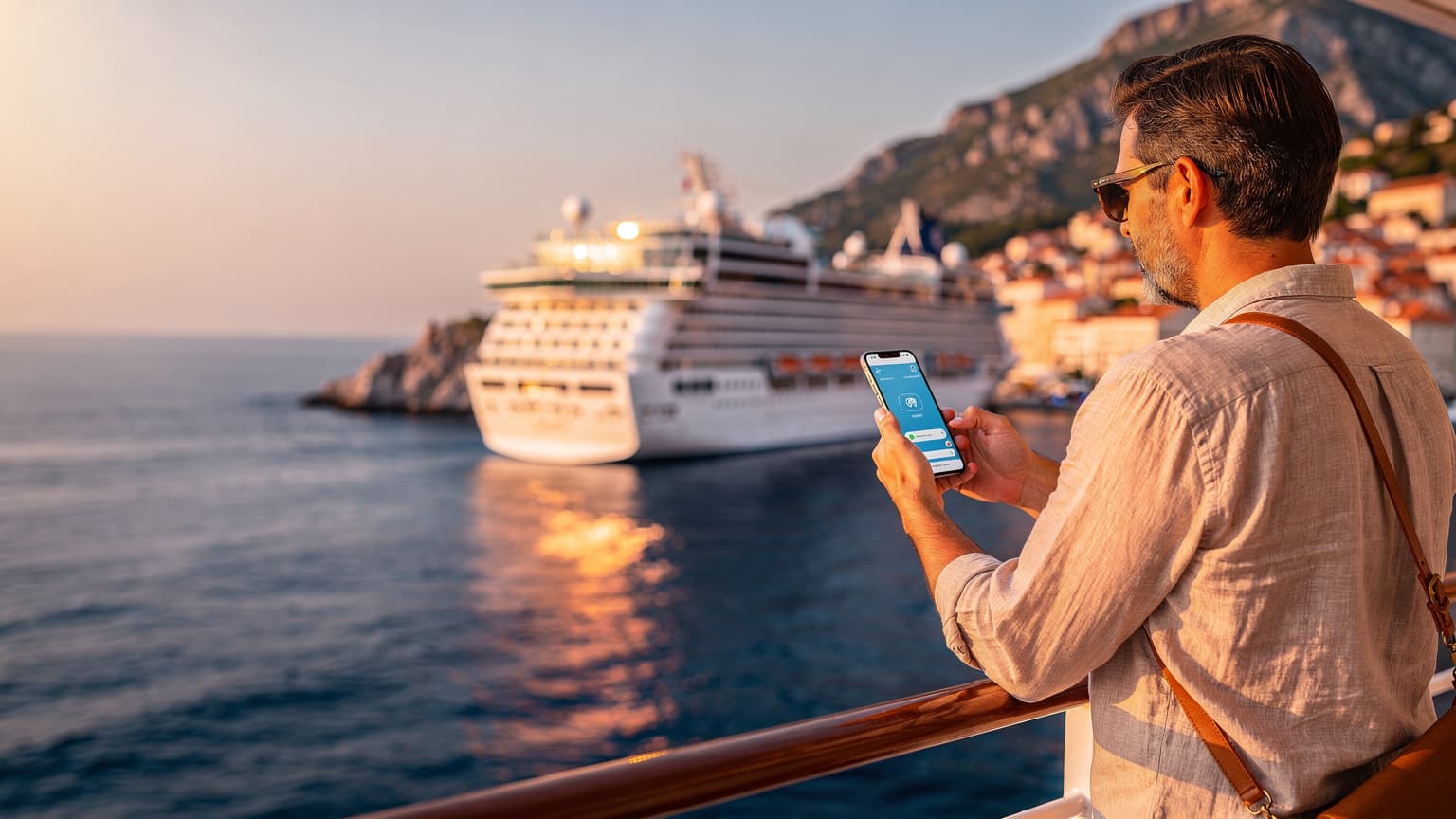 O tânără cu ochelari de soare și un telefon în mână, zâmbind, stând pe puntea unui vas de croazieră cu Marea Mediterană și o coastă stâncoasă în fundal, la apus.