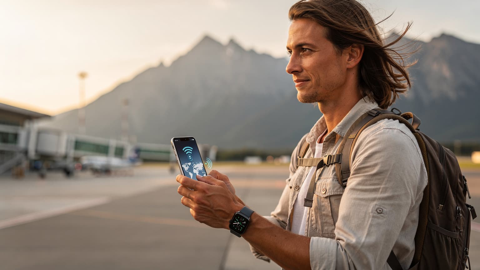 En reisende kvinne sjekker sin iPhone og Apple Watch på en travel togplattform i Oslo, med en utsikt mot Jernbanetorget og spor i bakgrunnen.