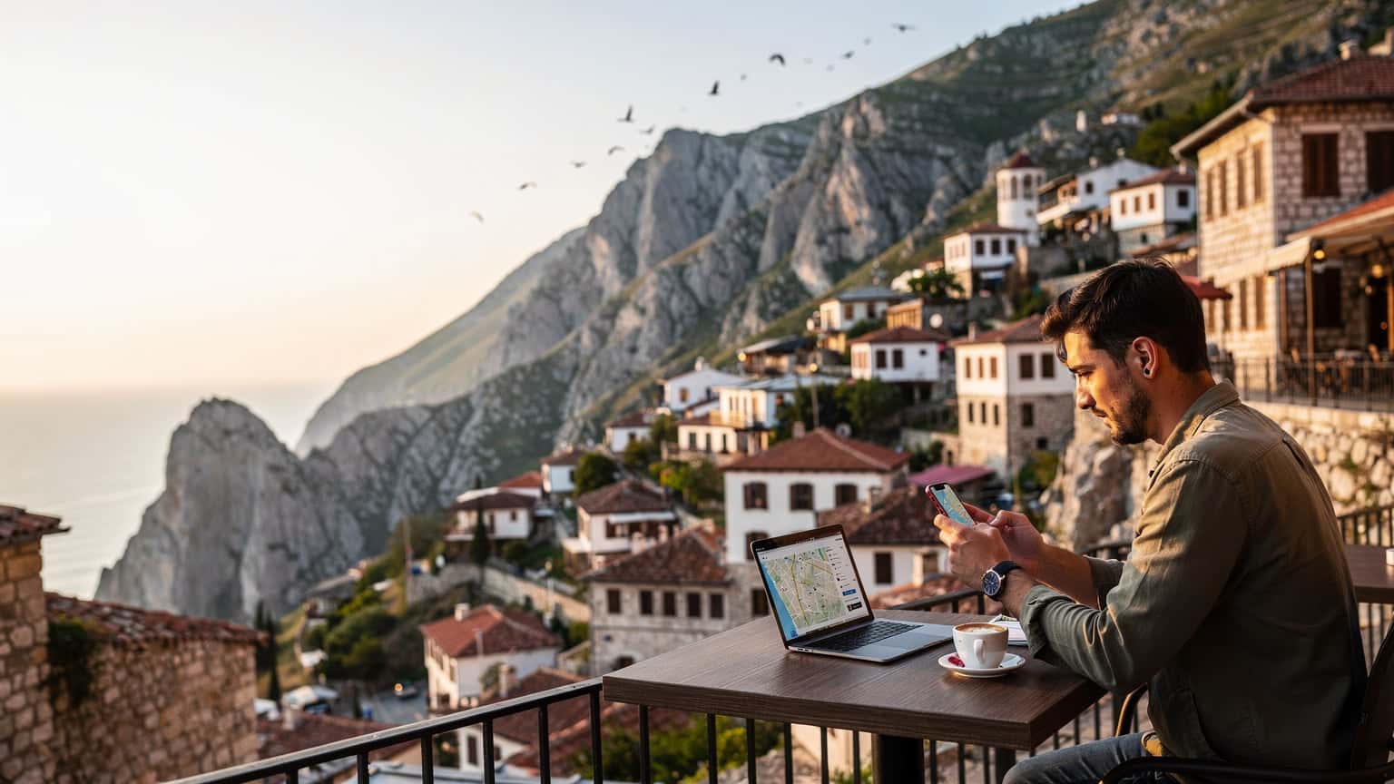 Eine Frau sitzt entspannt an einem Tisch in einem Café in Tirana, Albanien, und blickt auf ihr Smartphone, während sie einen traditionellen albanischen Kaffee trinkt.
