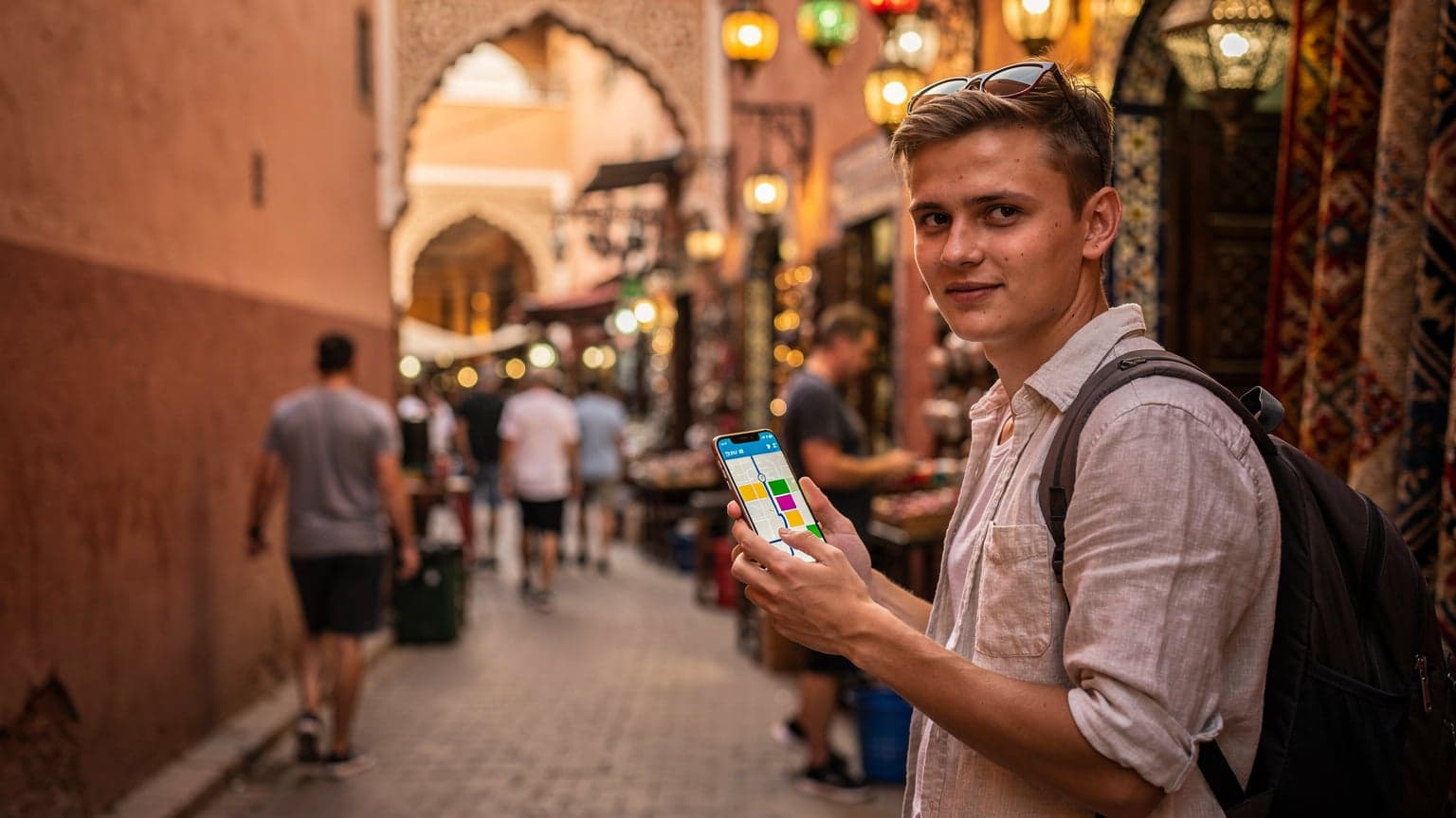 Młoda kobieta z plecakiem, używająca smartfona, stoi na tle tętniącego życiem placu Dżemaa el-Fna w Marrakeszu, z tradycyjnymi straganami i minaretem Koutoubia w tle.