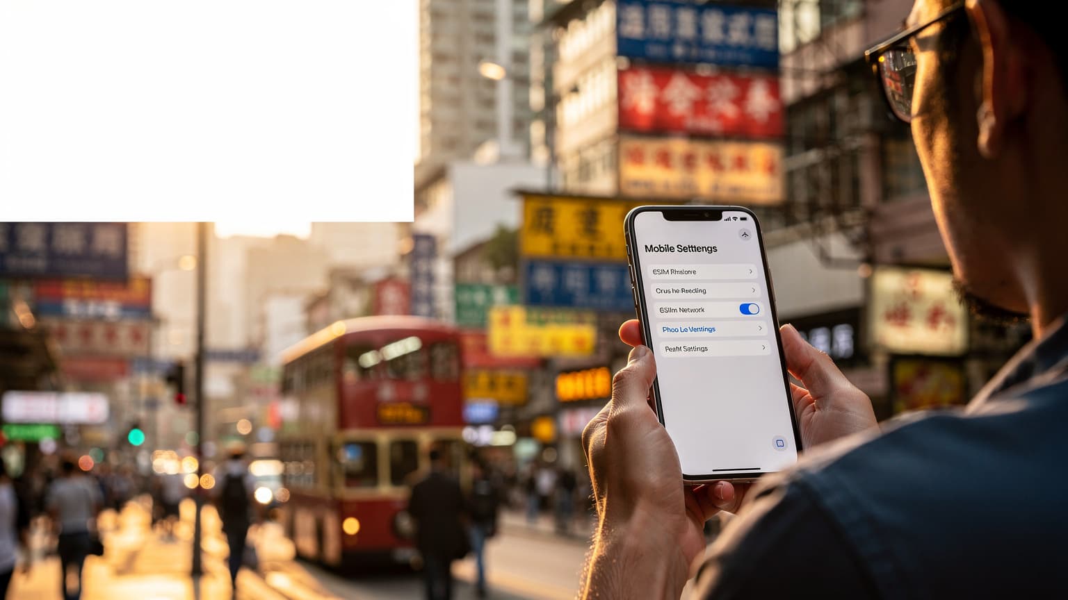 一名女性在香港中環IFC商場的Apple Store內,手持iPhone 17正在與店員諮詢eSIM相關設定,背景是繁忙的店鋪。