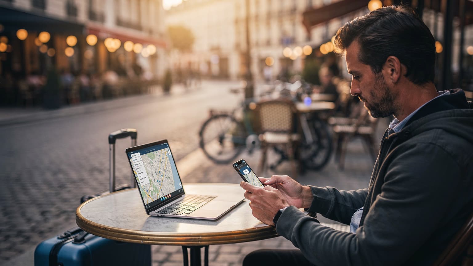 Eine Frau in ihren Dreißigern sitzt entspannt an einem Holztisch in einem hellen, modernen Café in Berlin-Mitte, ihr Blick ist auf ihr Smartphone gerichtet, während sie eine eSIM aktiviert.