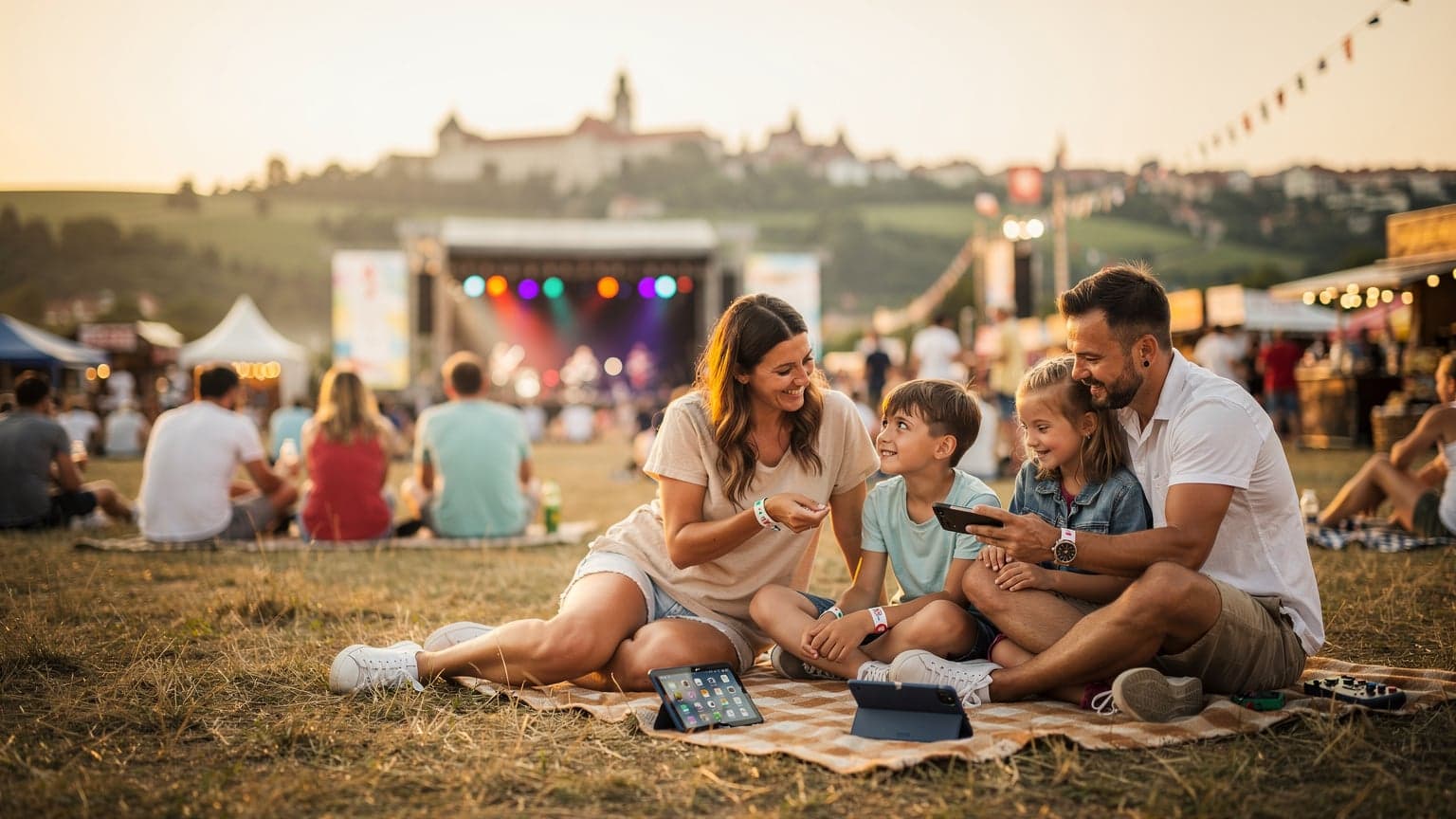 Rodina s deťmi si užíva letný hudobný festival na Slovensku, s mobilnými telefónmi v rukách, zachytávajúcimi spomienky a kontrolujúcimi program festivalu.