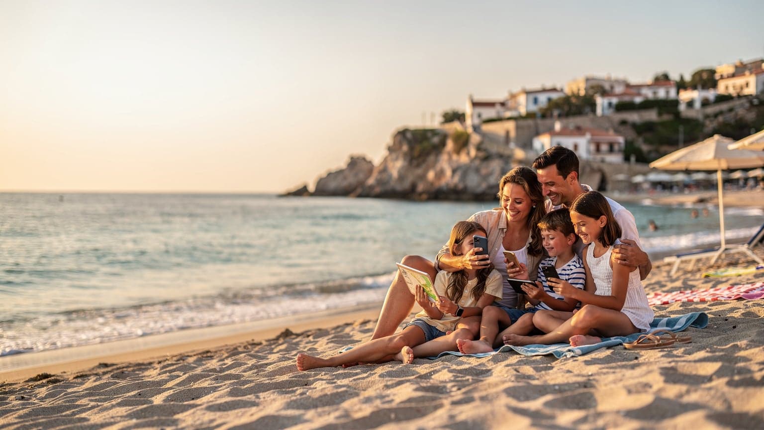 Una familia con dos niños pequeños sonríe relajadamente mientras revisan un mapa digital en un smartphone, sentados en una tumbona en una playa de arena dorada en la Costa Brava al atardecer.