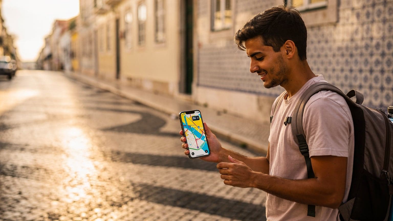 Um viajante com um iPhone 17 na mão, olhando para o horizonte ensolarado de Lisboa, com o Castelo de São Jorge ao fundo, capturando a energia do verão português.