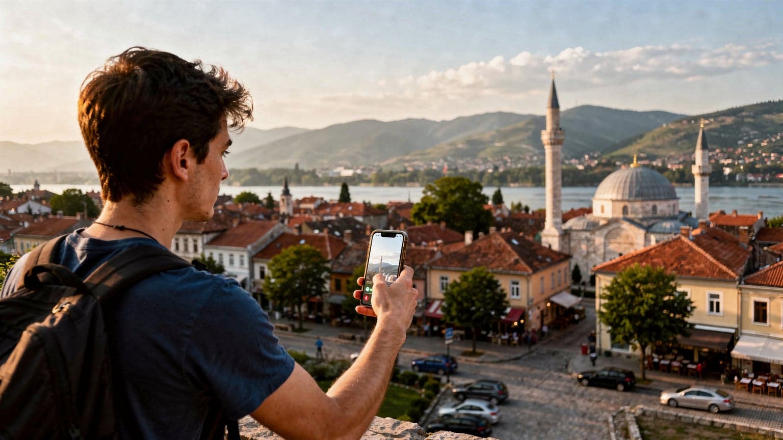 Sırbistan'ın başkenti Belgrad'da, tarihi Kalemegdan Kalesi'nin surları önünde, elinde telefon tutan genç bir Türk gezgin, güneş batımında şehrin panoramik görüntüsünü çekiyor.