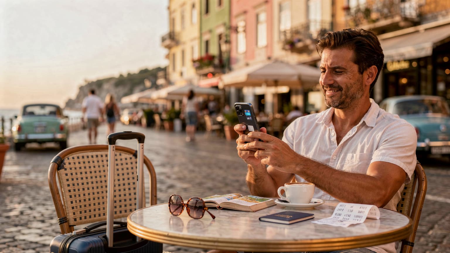Een vrouw met een laptop op een terras in een levendige Europese stad, genietend van een kop koffie terwijl ze online werkt.