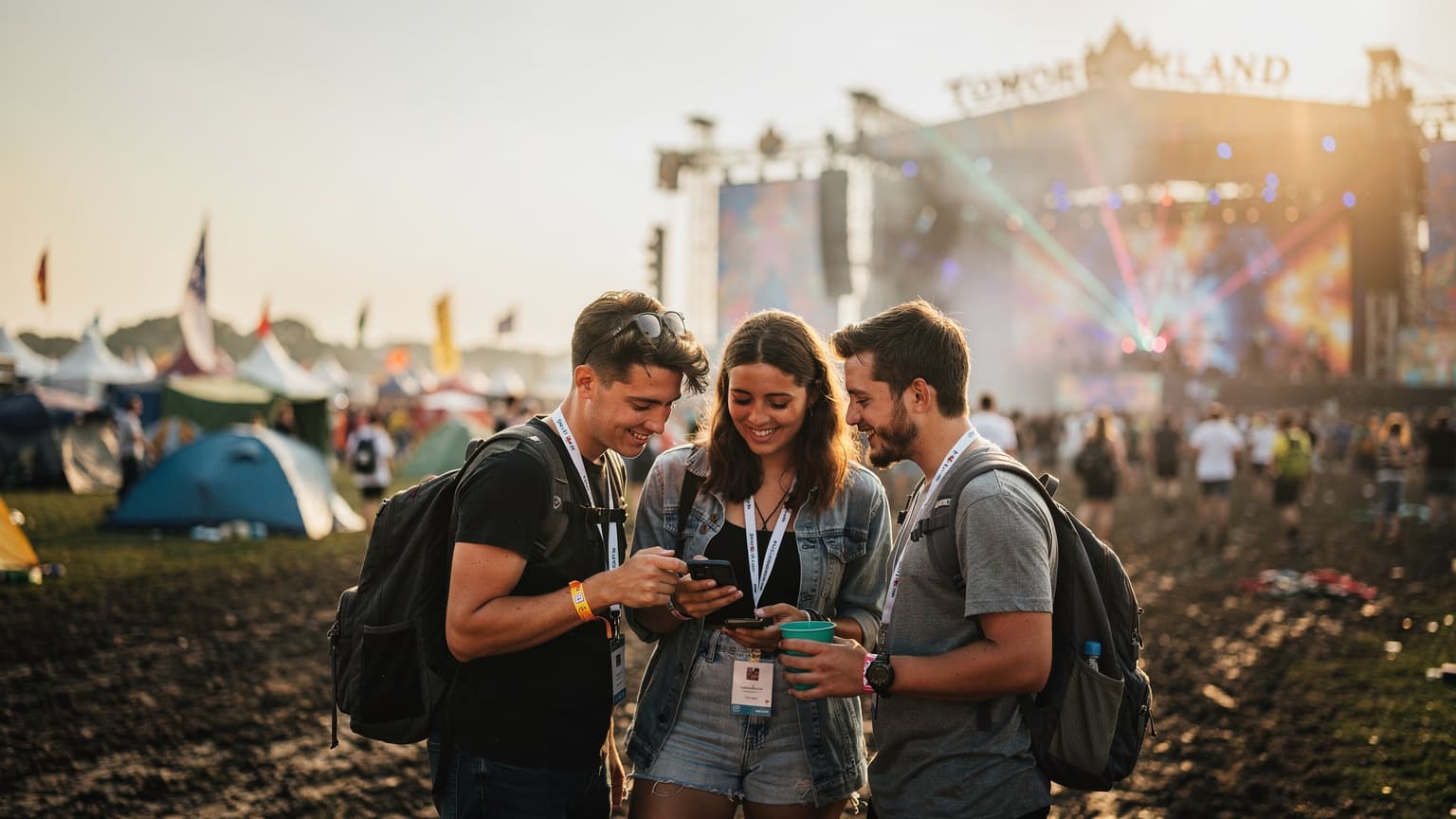 Een groepje vrienden op een Nederlands muziekfestival, lachend en kijkend naar een smartphone scherm, met op de achtergrond een festivaltent en vlaggen.