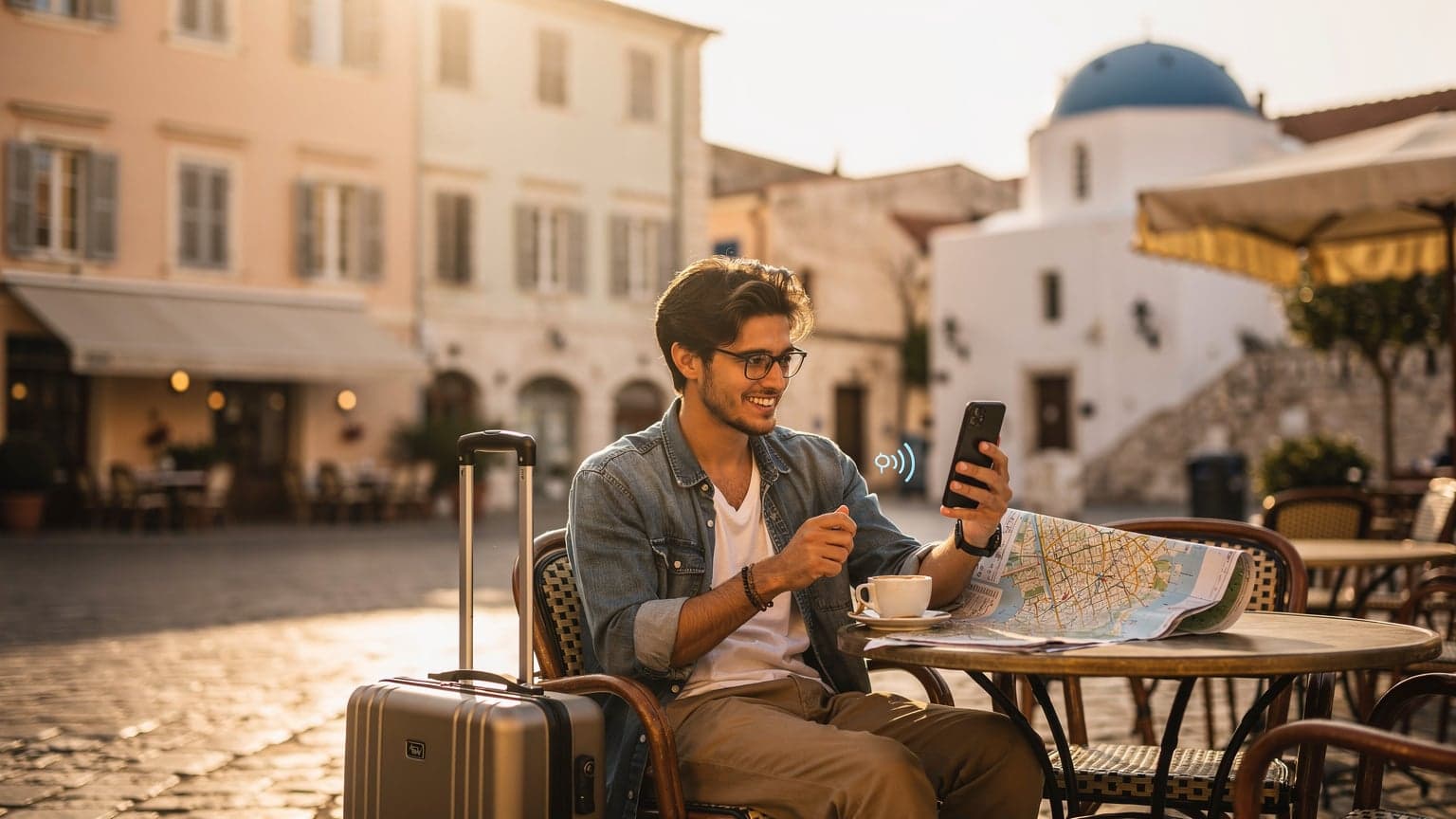 A woman confidently navigating her smartphone on a sunlit street in Rome, with a historic building in the background.