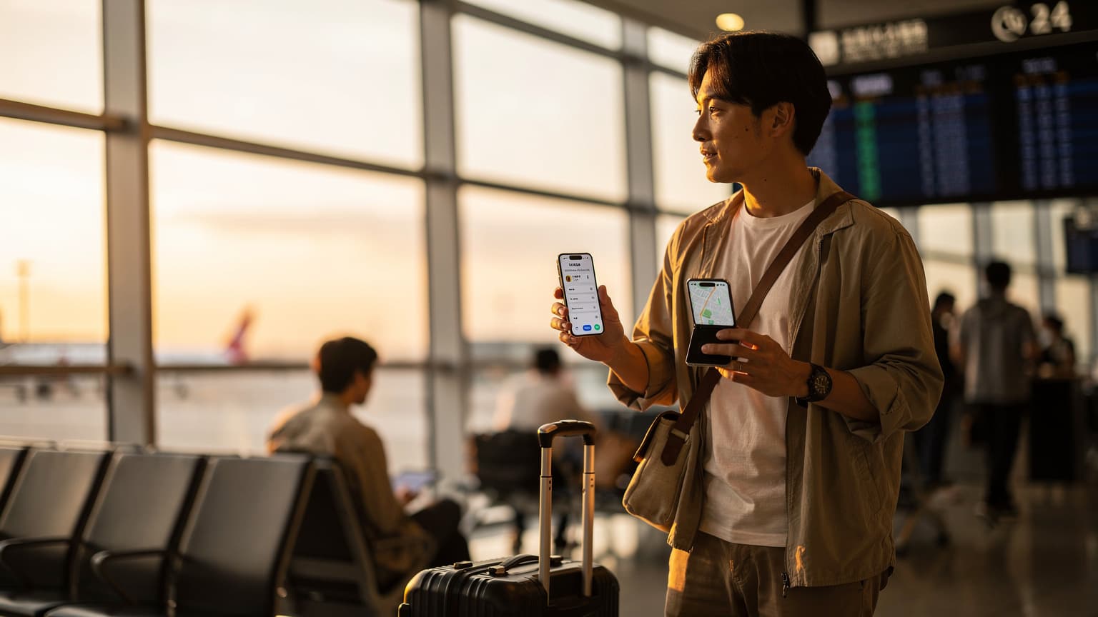東京の新宿ゴールデン街、夕暮れ時にiPhone 18でeSIMの設定を確認する若い旅行者の手元。周りには赤提灯が灯り、活気ある雰囲気が漂っている。
