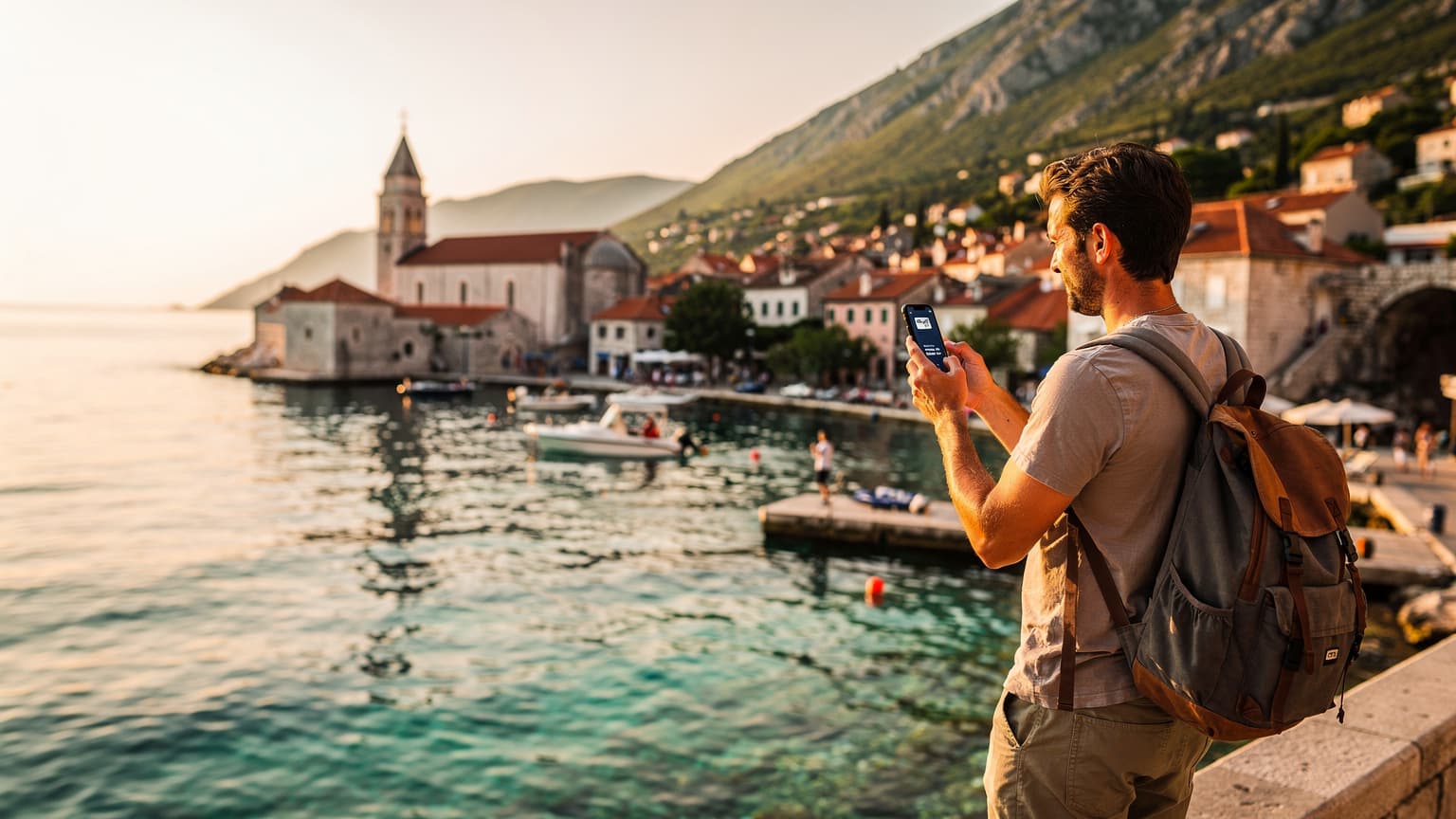 Eine junge Frau sitzt entspannt auf einer Terrasse in Dubrovnik, Kroatien, mit Blick auf das Meer, während sie auf ihrem Smartphone die Route prüft.