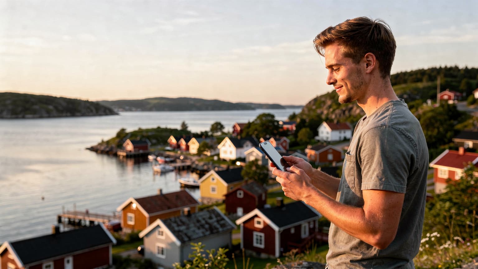 En svensk familj firar midsommar vid en sjö i Norge, tittar på telefonen för att kontrollera väderprognosen och delar bilder med vänner hemma via en eSIM-anslutning.