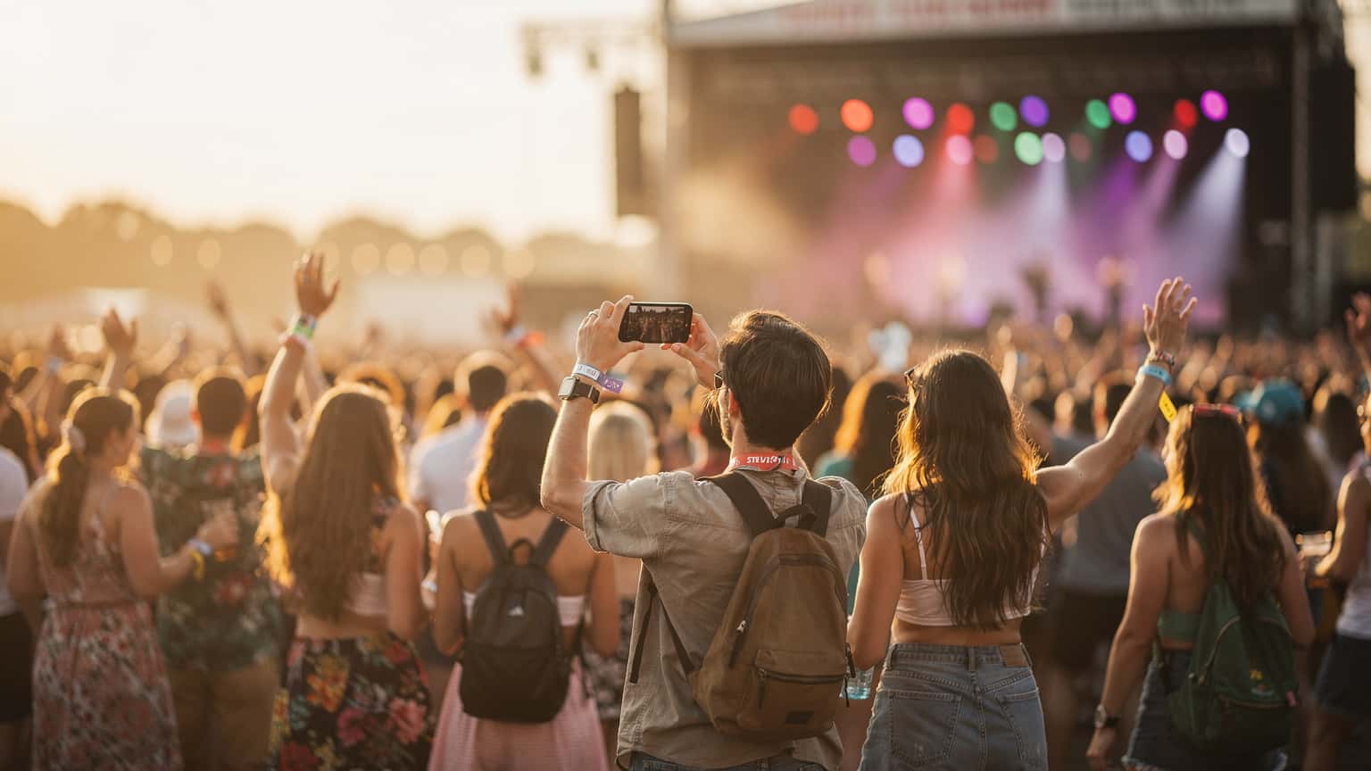 Genç bir Türk ailenin, Avrupa'daki bir müzik festivalinde neşeyle dans ederken, arkalarında sahnenin ışıkları parlıyor. Çocuğun elinde küçük bir tablet var, gülümsüyorlar.