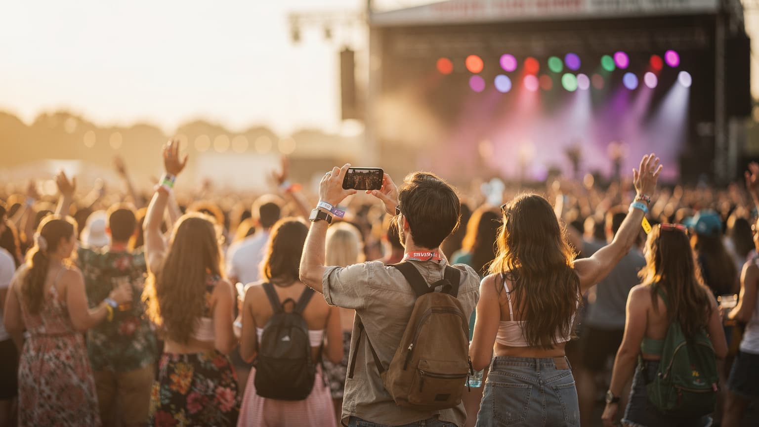 Genç bir Türk ailenin, Avrupa'daki bir müzik festivalinde neşeyle dans ederken, arkalarında sahnenin ışıkları parlıyor. Çocuğun elinde küçük bir tablet var, gülümsüyorlar.