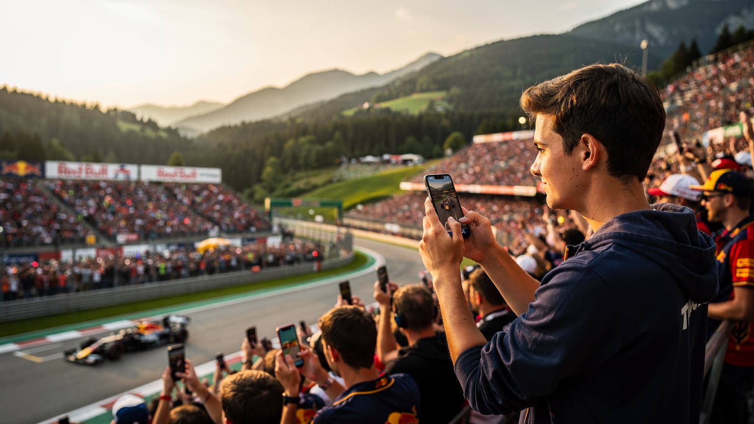 Ein Formel 1 Fan hält sein Smartphone in die Höhe, um ein Foto von der Rennstrecke in Spielberg zu machen, während im Hintergrund Rennwagen vorbeirasen.
