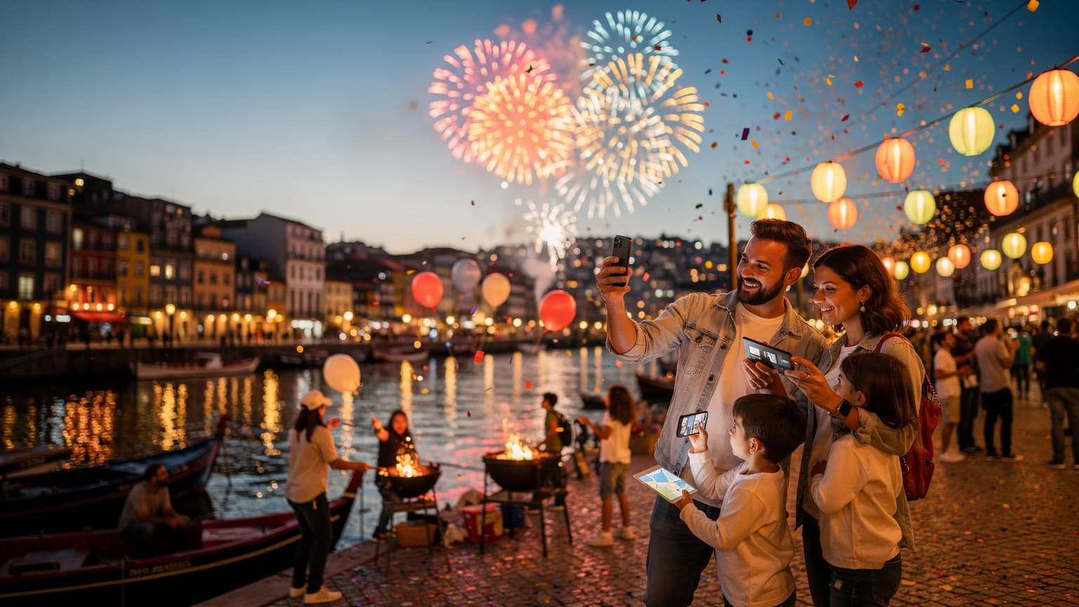Uma família com dois adultos e duas crianças, todos sorrindo, a tirar uma selfie no meio da multidão vibrante das Festas de São João no Porto, com balões coloridos e serpentinas ao fundo, iluminados pelas luzes da festa.