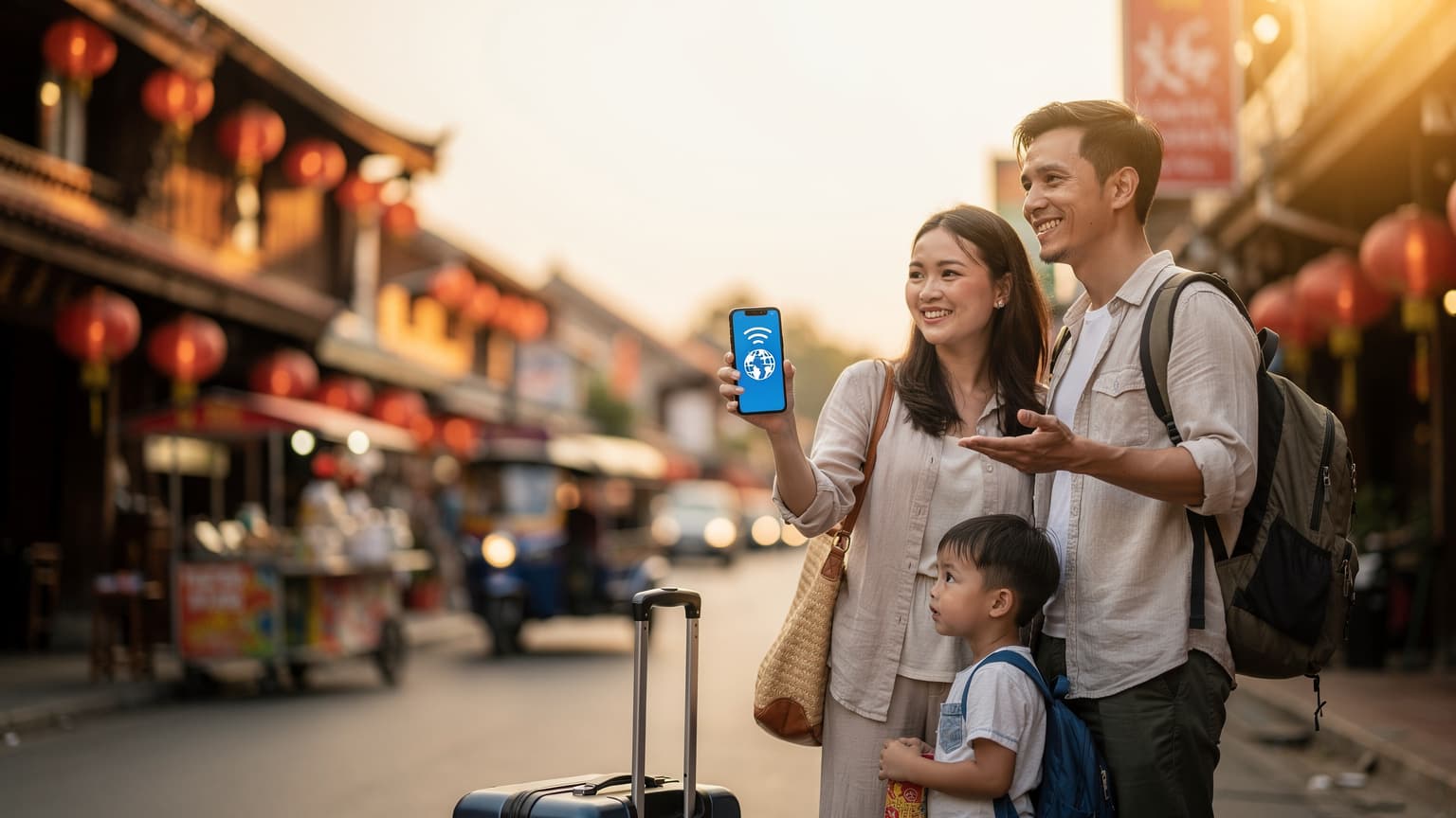 Một gia đình Việt trẻ đang chụp ảnh selfie trước cổng đền Fushimi Inari-taisha ở Kyoto, Nhật Bản, với chiếc điện thoại thông minh hiển thị rõ màn hình.