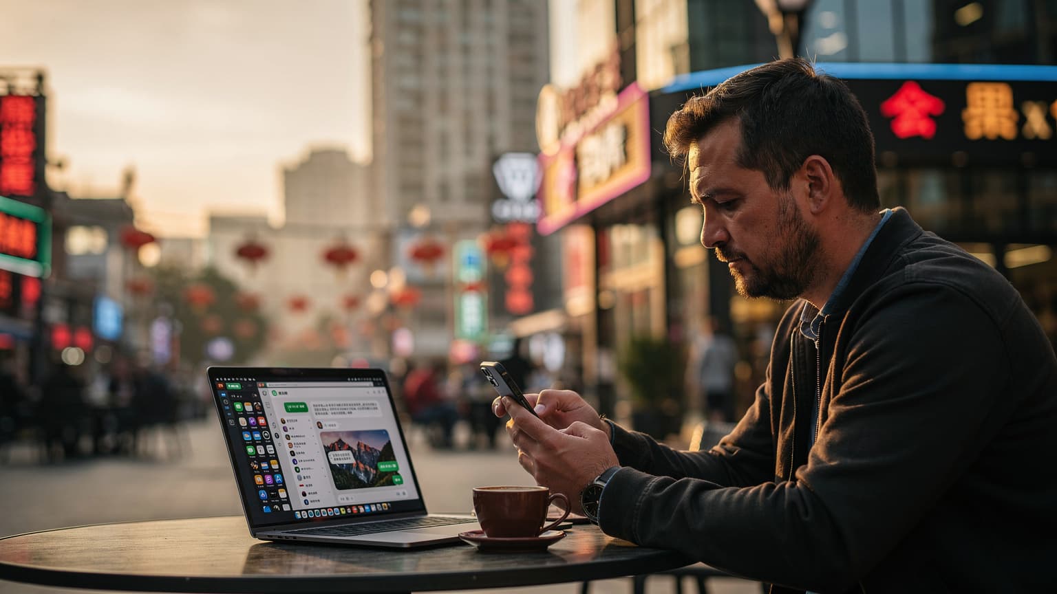 Eine Person sitzt in einem modernen Co-Working Space in Shanghai, konzentriert sich auf ihren Laptop, während im Hintergrund die Skyline der Stadt durch große Fenster sichtbar ist.
