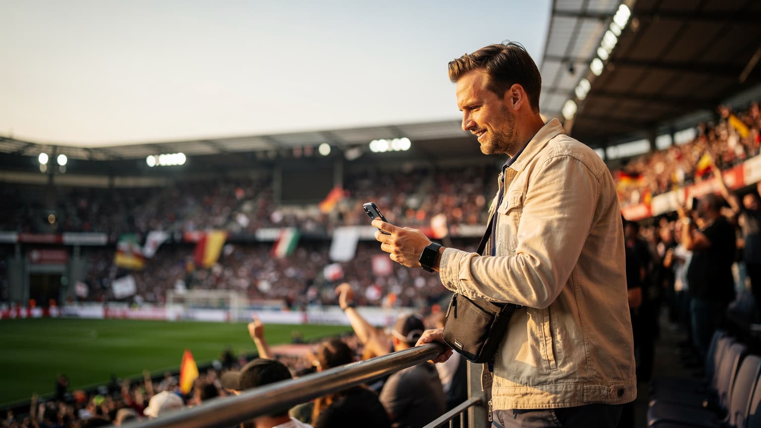 En dansk fodboldfan iført rød-hvid trøje jubler på et fyldt stadion under en EM-kamp i Tyskland, med en smartphone i hånden der viser en livestream.