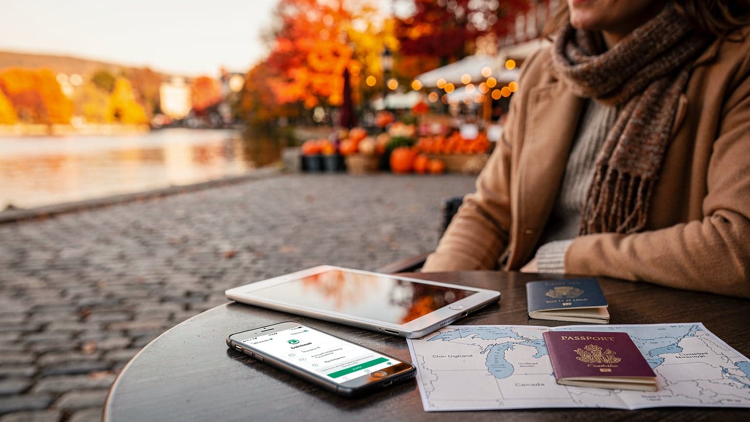 A woman sips coffee outside a charming European cafe, surrounded by autumn leaves, while checking her phone for directions.