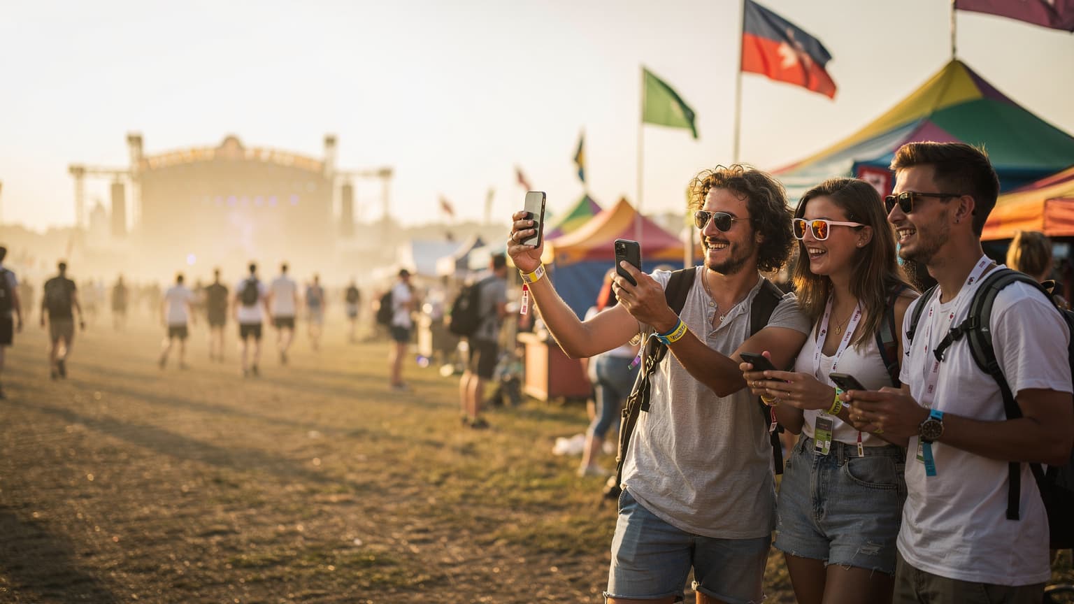 A young woman wearing a vibrant festival outfit is sitting on a patch of grass, looking at her phone, with blurred tents and festival-goers in the background under a soft evening light.