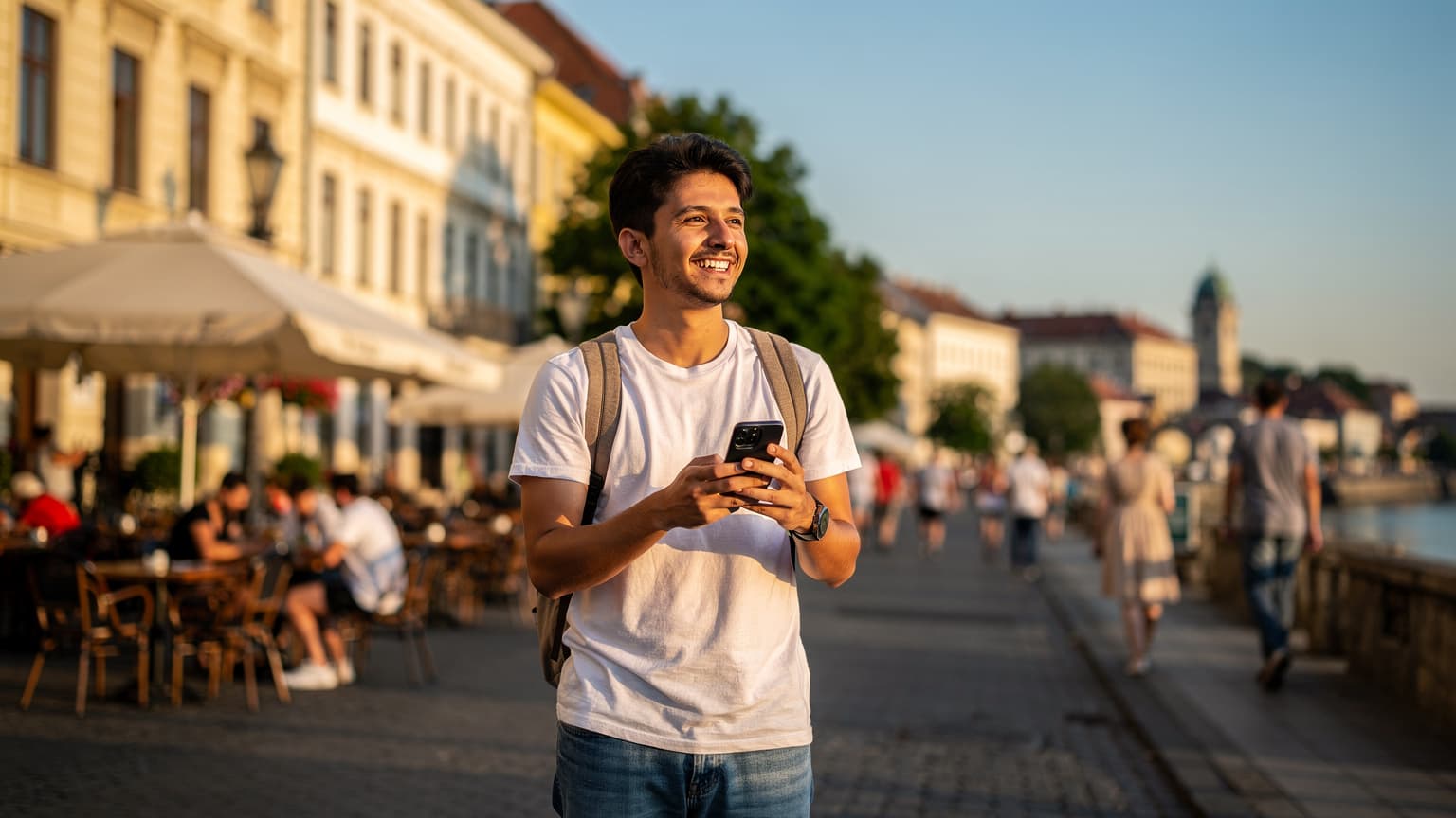 Belgrad'ın Skadarlija bölgesinde, Arnavut kaldırımlı bir sokakta, bir kafenin önünde oturan ve telefonundan Sırbistan haritasına bakan genç bir Türk gezgin.