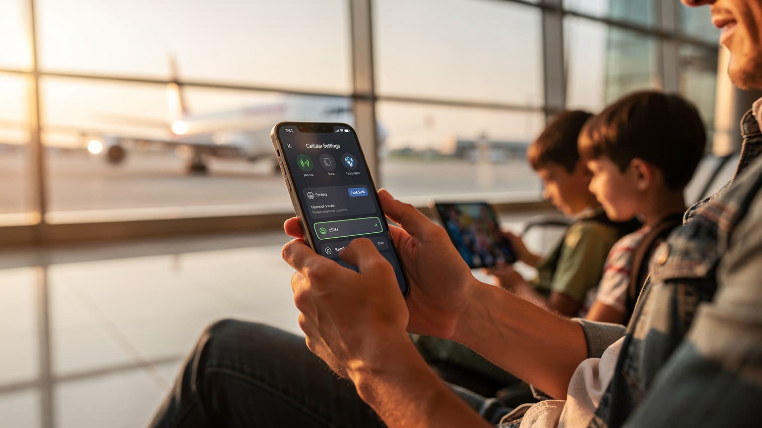 A family, including two children, looking at a new iPhone 17 in a bustling airport terminal, with luggage nearby and departure boards in the background.