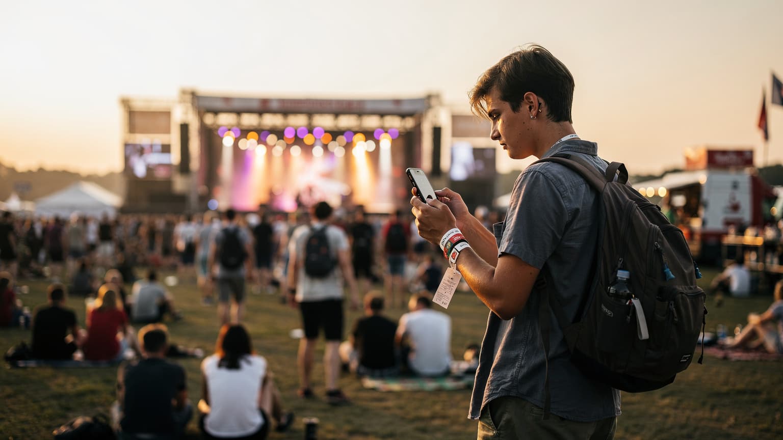 Młoda kobieta w festiwalowym stroju, z plecakiem i telefonem w ręku, uśmiecha się, sprawdzając coś na ekranie smartfona, stojąc na tle dużej sceny festiwalowej w Gdyni podczas zachodu słońca.