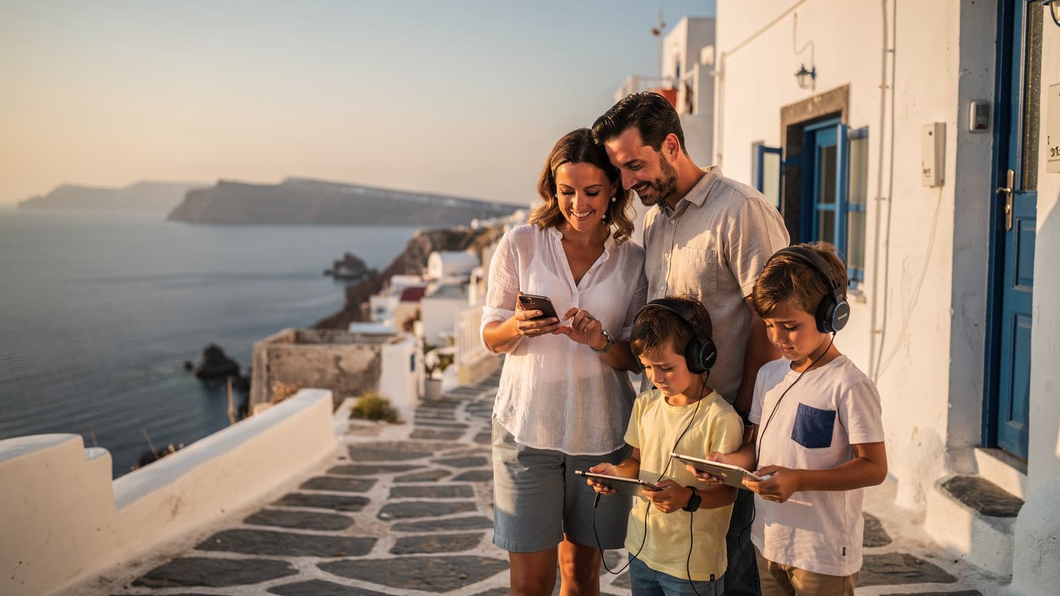 Een familie met twee kinderen loopt hand in hand langs de kustlijn van Santorini, Griekenland, onder een helderblauwe lucht met de iconische witte huizen op de achtergrond. De moeder kijkt lachend naar een telefoon in haar hand.