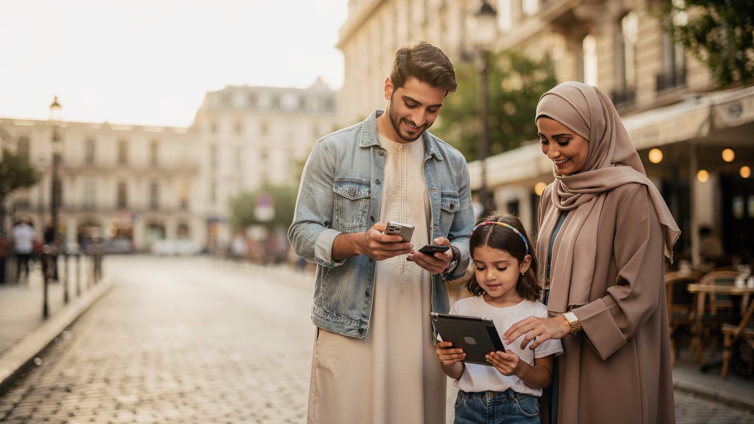 عائلة خليجية سعيدة, الأب والأم وطفلان, يتصفحون هواتفهم الذكية وهم يجلسون في حديقة خضراء واسعة في باريس, تظهر خلفهم أزهار ملونة وبرج إيفل في الأفق تحت سماء زرقاء صافية.