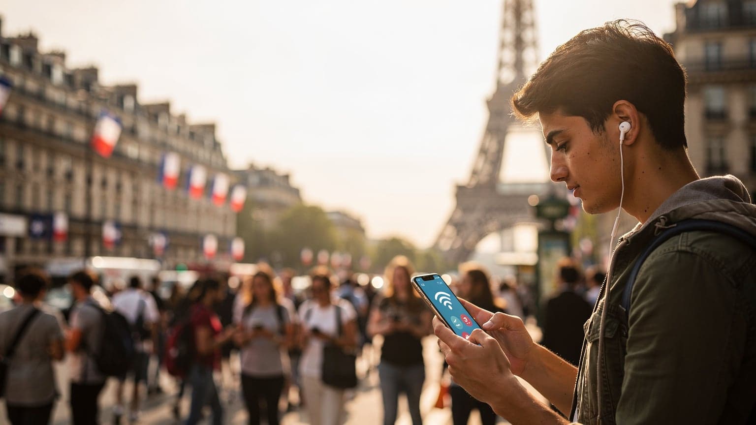 Une femme souriante navigue sur son smartphone devant la Tour Eiffel, avec des anneaux olympiques stylisés en arrière-plan flou, au lever du soleil parisien.
