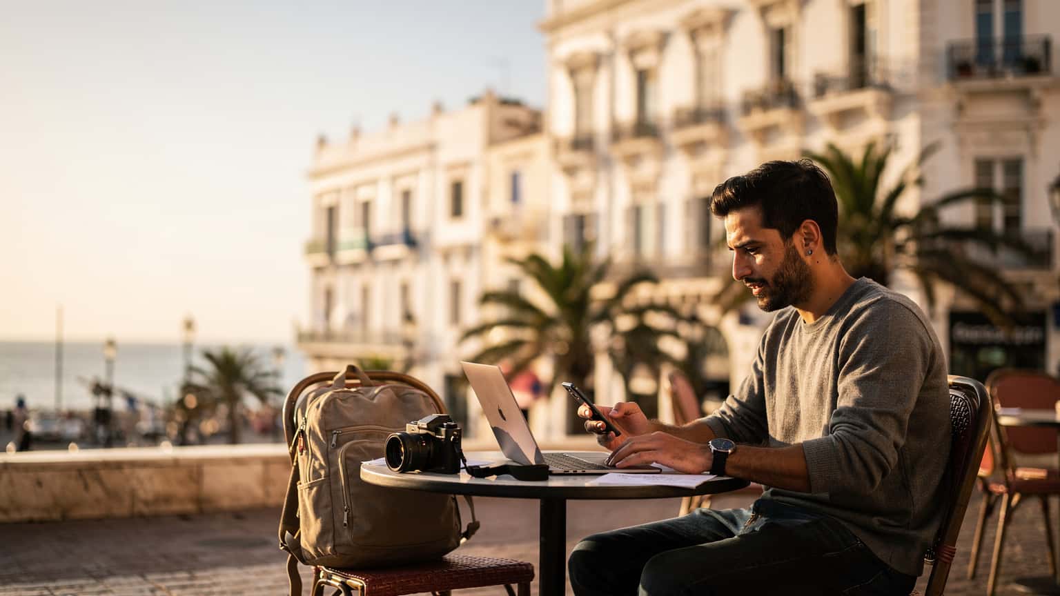 A digital nomad sits inside a bustling Algerian cafe, looking at her phone with a focused expression, a traditional tea glass nearby.