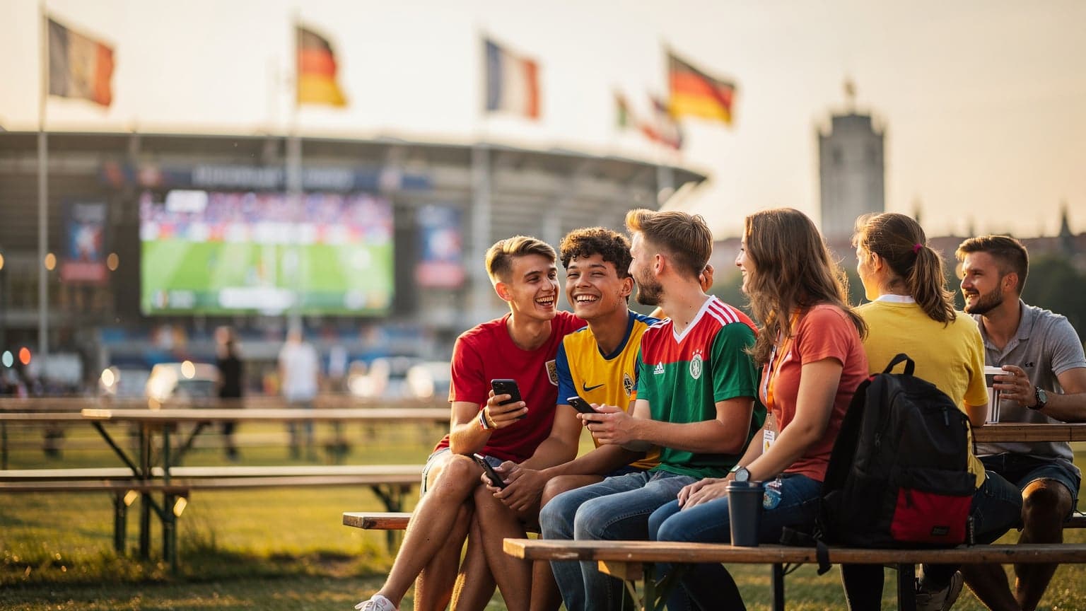 Ein junger Mann im Deutschland-Trikot jubelt in einer überfüllten Fan-Zone in Berlin, während er sein Smartphone hochhält, auf dem Ergebnisse angezeigt werden.