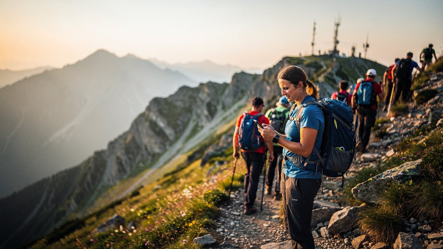 Turistka kontroluje mapu na telefóne s eSIM pri Štrbskom plese v auguste, s tatranskými štítmi v pozadí.
