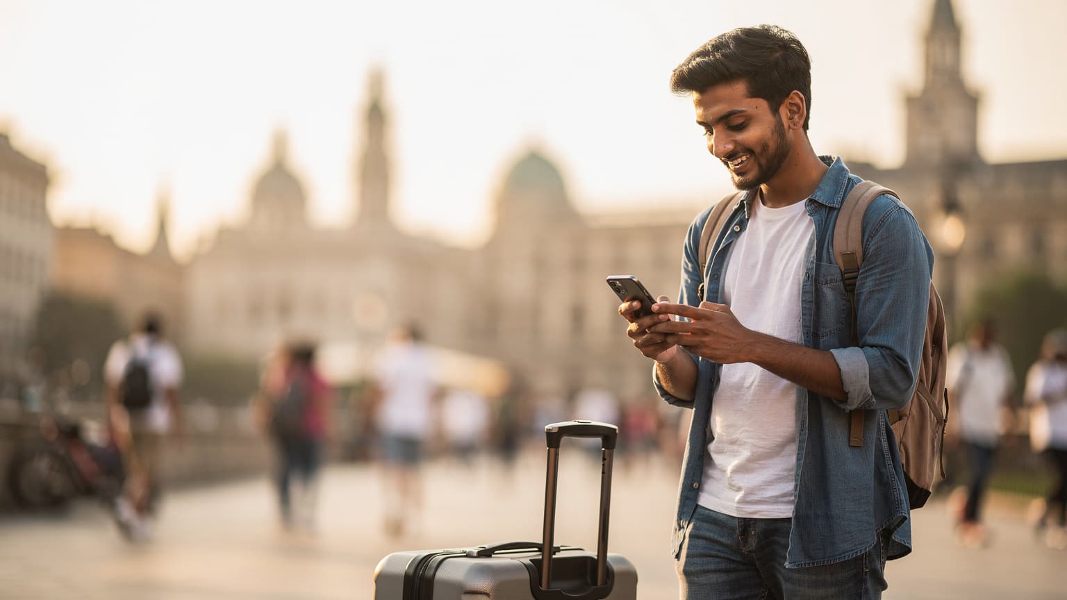एक भारतीय परिवार स्वतंत्रता दिवस 2026 के लंबे वीकेंड पर सिंगापुर के मरीना बे सैंड्स स्काईपार्क से शहर के मनोरम दृश्य का आनंद ले रहा है, उनके हाथों में स्मार्टफोन है.