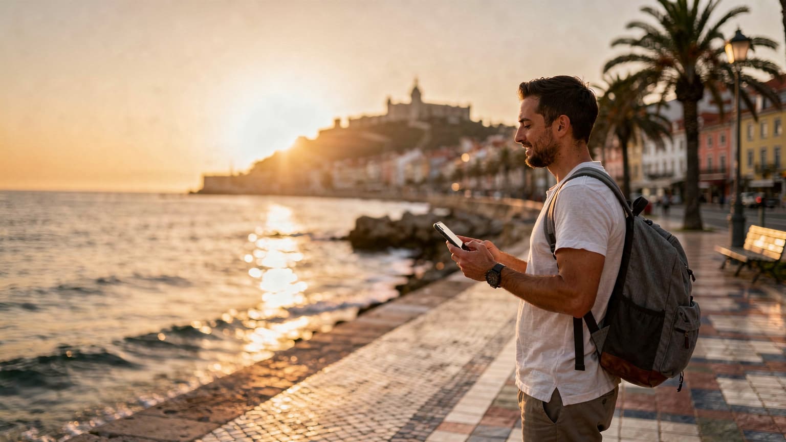 Una viajera activa revisando su teléfono en un café moderno con vistas al puerto de Barcelona al atardecer, planificando su próxima ruta en España y Portugal.