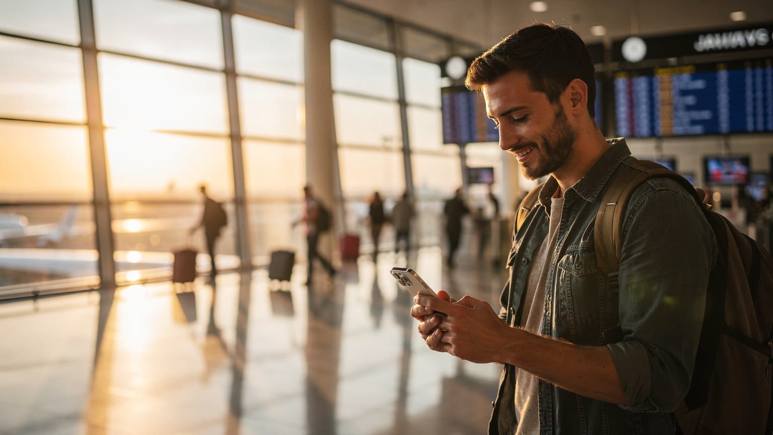 A traveler in a train station, checking their iPhone 15 with a focused expression, an eSIM QR code partially visible on the screen, indicating preparation for an international journey.