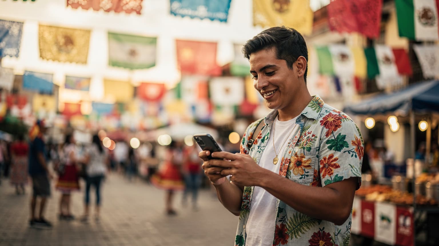 Una mujer sonriente, de unos 30 años, con un teléfono inteligente en la mano, tomando una selfie en una plaza colonial vibrante de Cartagena, Colombia, durante las celebraciones de Fiestas Patrias.