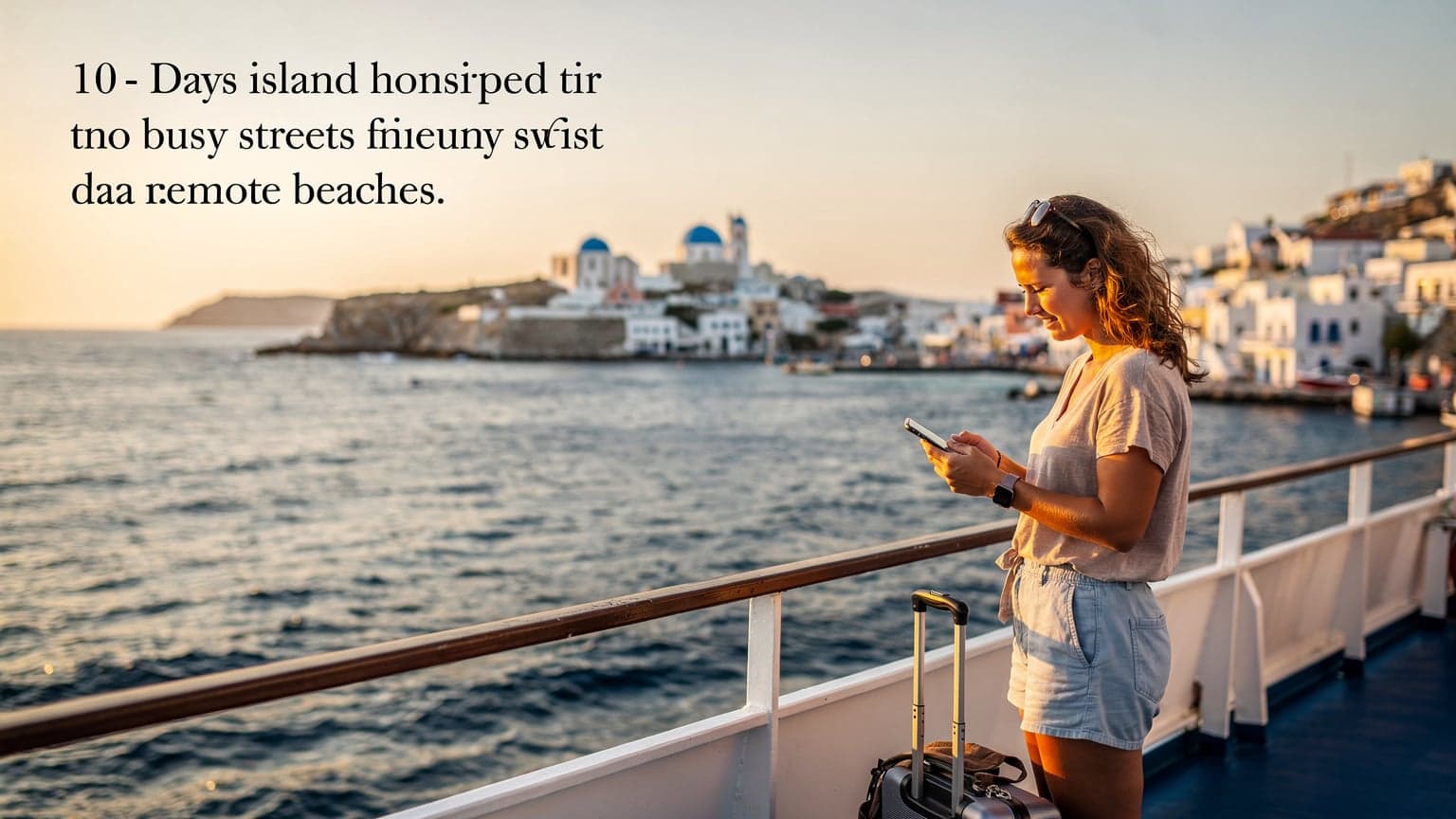 Une voyageuse avec un sac à dos regarde son téléphone, activant une eSIM, avec un ferry grec traditionnel en arrière-plan naviguant entre les îles de Mykonos et Paros sous un ciel bleu d'été.