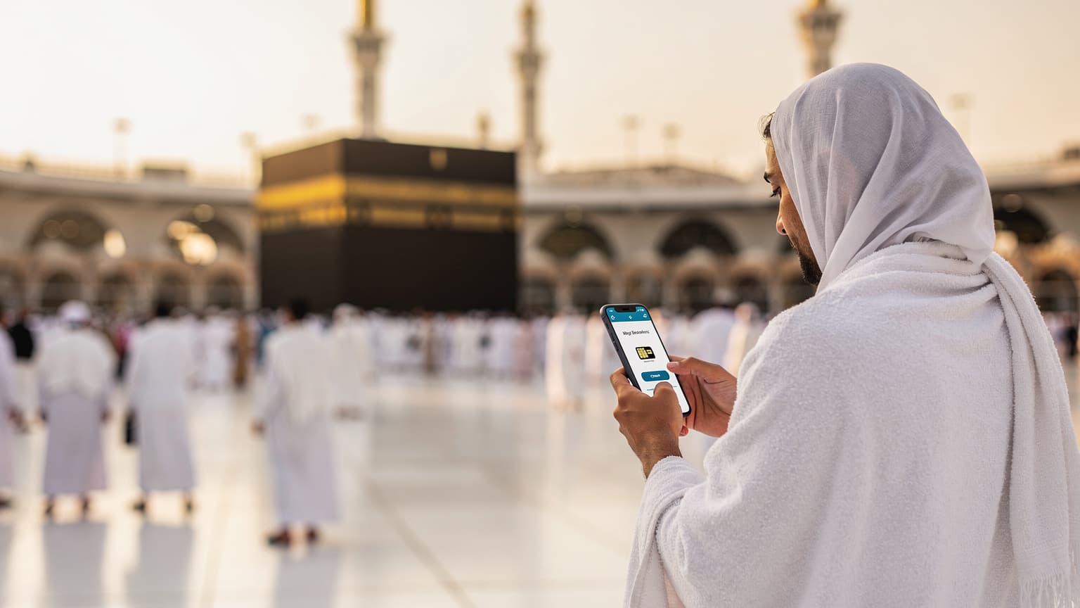 شاب خليجي يستخدم هاتفه الذكي وهو يتجول في ساحة المسجد النبوي في المدينة المنورة خلال موسم العمرة الصيفي، مع غروب الشمس الذهبي يلقي بظلاله الطويلة.
