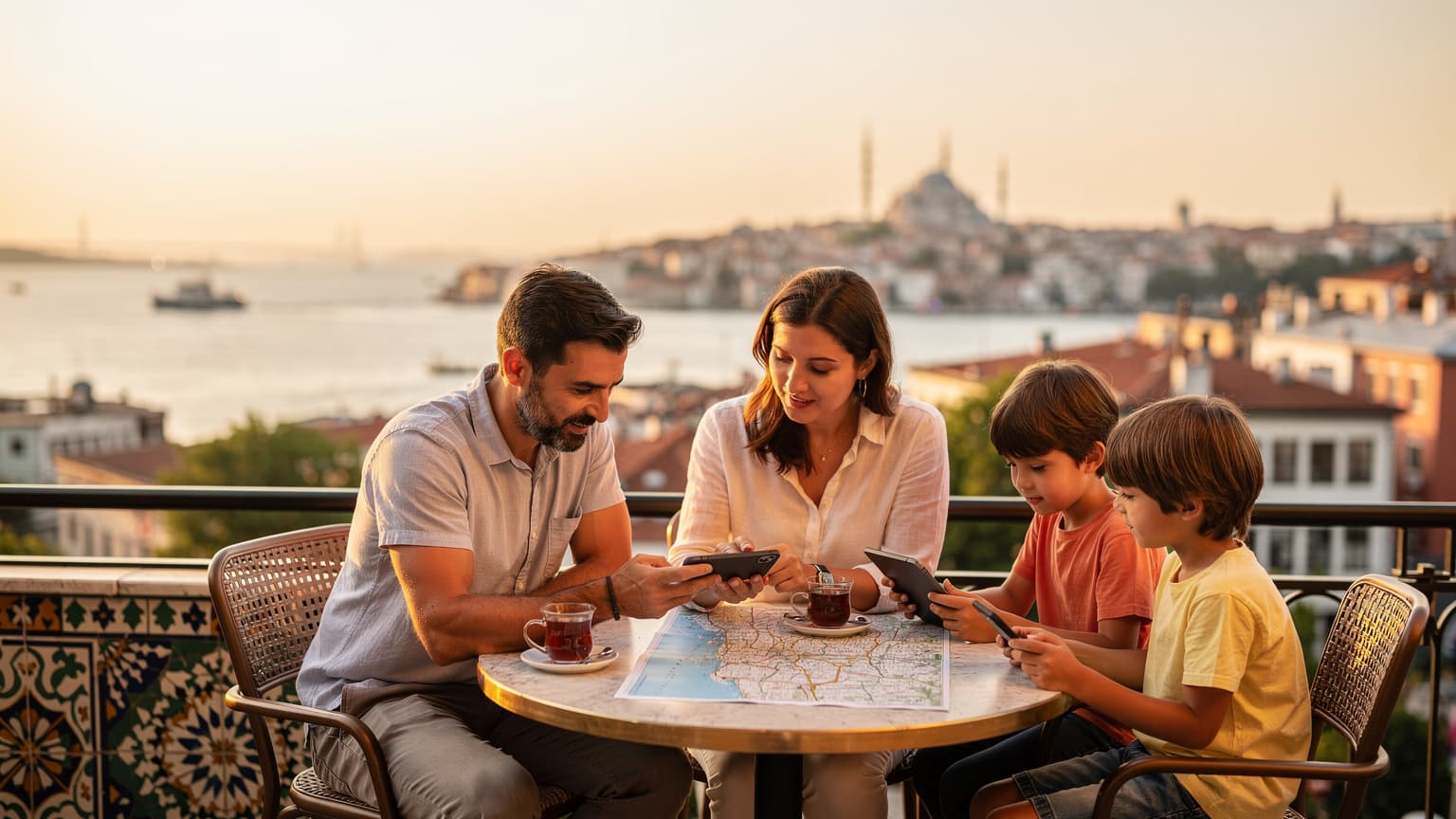 İstanbul'da bir aile, Galata Kulesi manzaralı bir kafede oturmuş, çocukları tabletlerinde çizgi film izlerken anne ve baba kahvelerini yudumluyor.