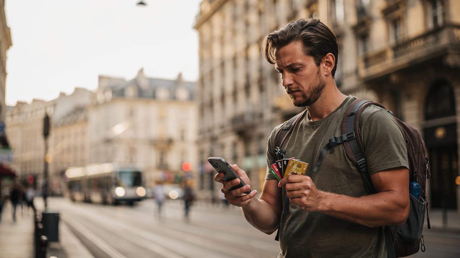 A digital nomad sits at a wooden table in a sunlit Parisian cafe, laptop open, with a Cellesim Europe eSIM QR code visible on her phone screen, while a half-eaten croissant and coffee sit nearby.