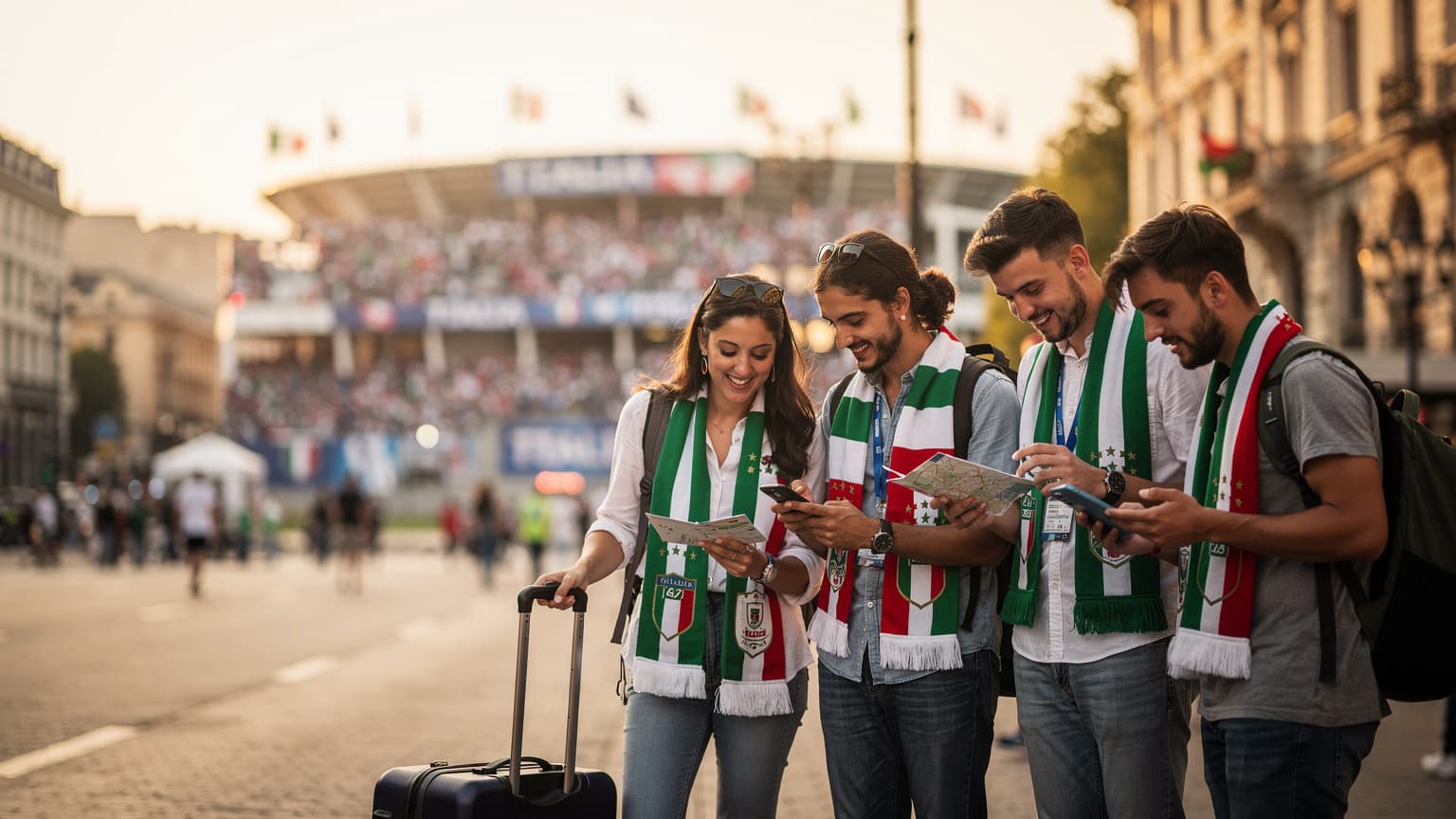 Un tifoso italiano sorride mentre guarda il suo smartphone con l'app di una partita di calcio, seduto in un caffè affollato vicino a uno stadio europeo, con una bandiera italiana discretamente visibile sullo sfondo.