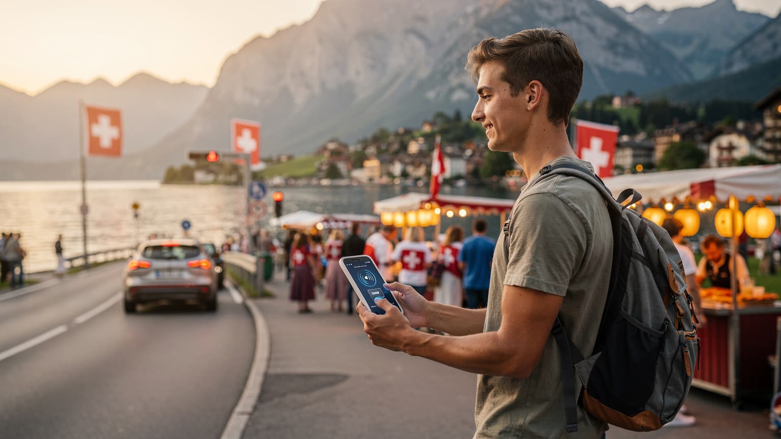 Eine junge Frau mit Rucksack und Smartphone blickt über den Vierwaldstättersee auf ein Feuerwerk in der Ferne, während sie ihre eSIM-Verbindung überprüft.