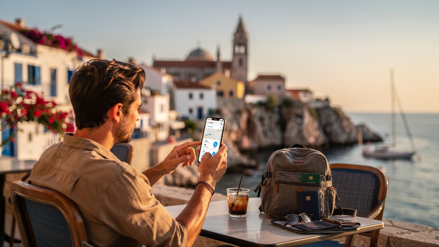 Una giovane donna con uno zaino leggero sta controllando il suo smartphone in un caffè all'aperto affacciato sul mare di Santorini, Grecia, con case bianche sullo sfondo.