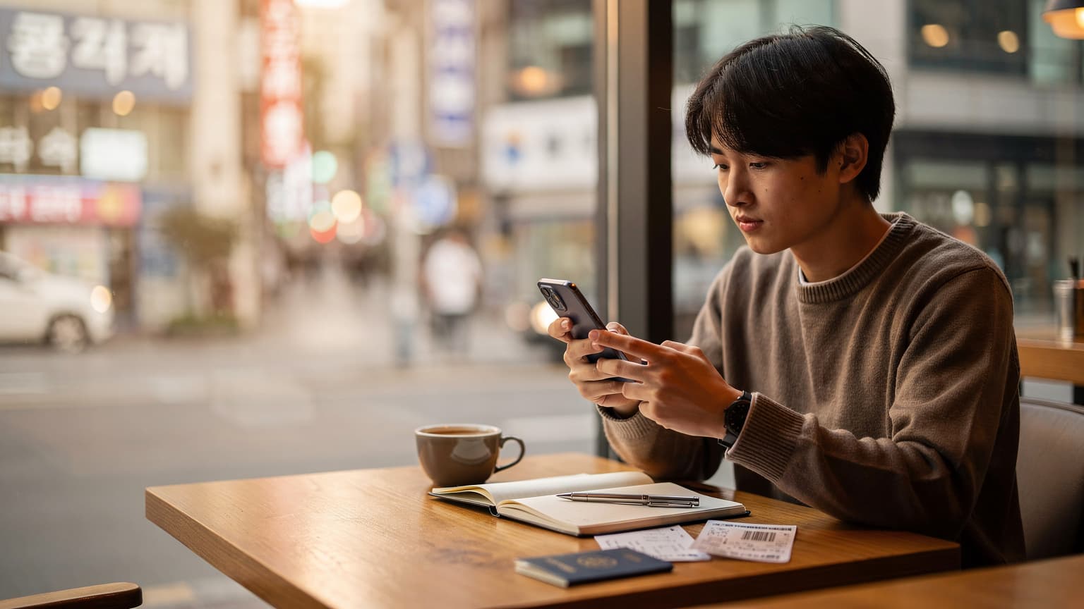ソウルの明洞にある賑やかなカフェで、窓際に座ってスマートフォンを操作している旅行者。テーブルには使いかけのパスポートとコーヒーが置かれている。